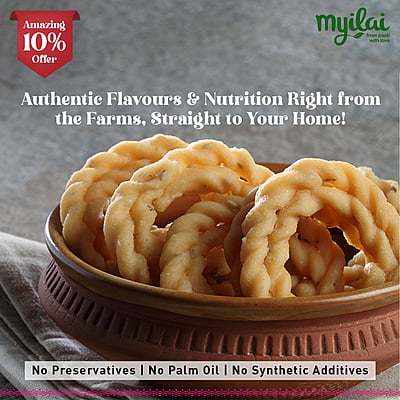 Bowl of KAI MURUKKU with text: Authentic flavors, no preservatives, no palm oil, no additives.