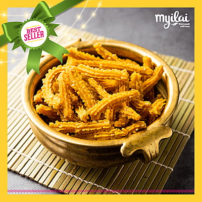Bolw of MILLET BUTTER MURUKKU tagged as best seller with myilai logo on top