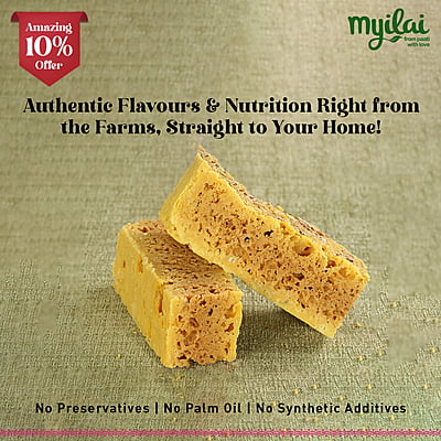 Traditional Mysore Pak with text: Authentic flavors, no preservatives, no palm oil, no additives.