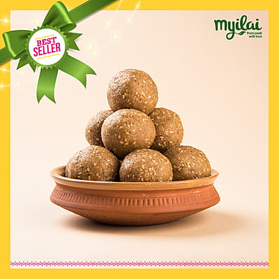 A bowl of Thinai Laddu (Foxtail Laddu)tagged as best seller with Myilai Logo